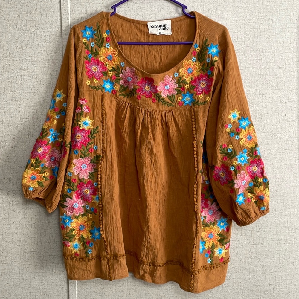 Savanna Jane Rust Brown Embroidered Floral Tunic